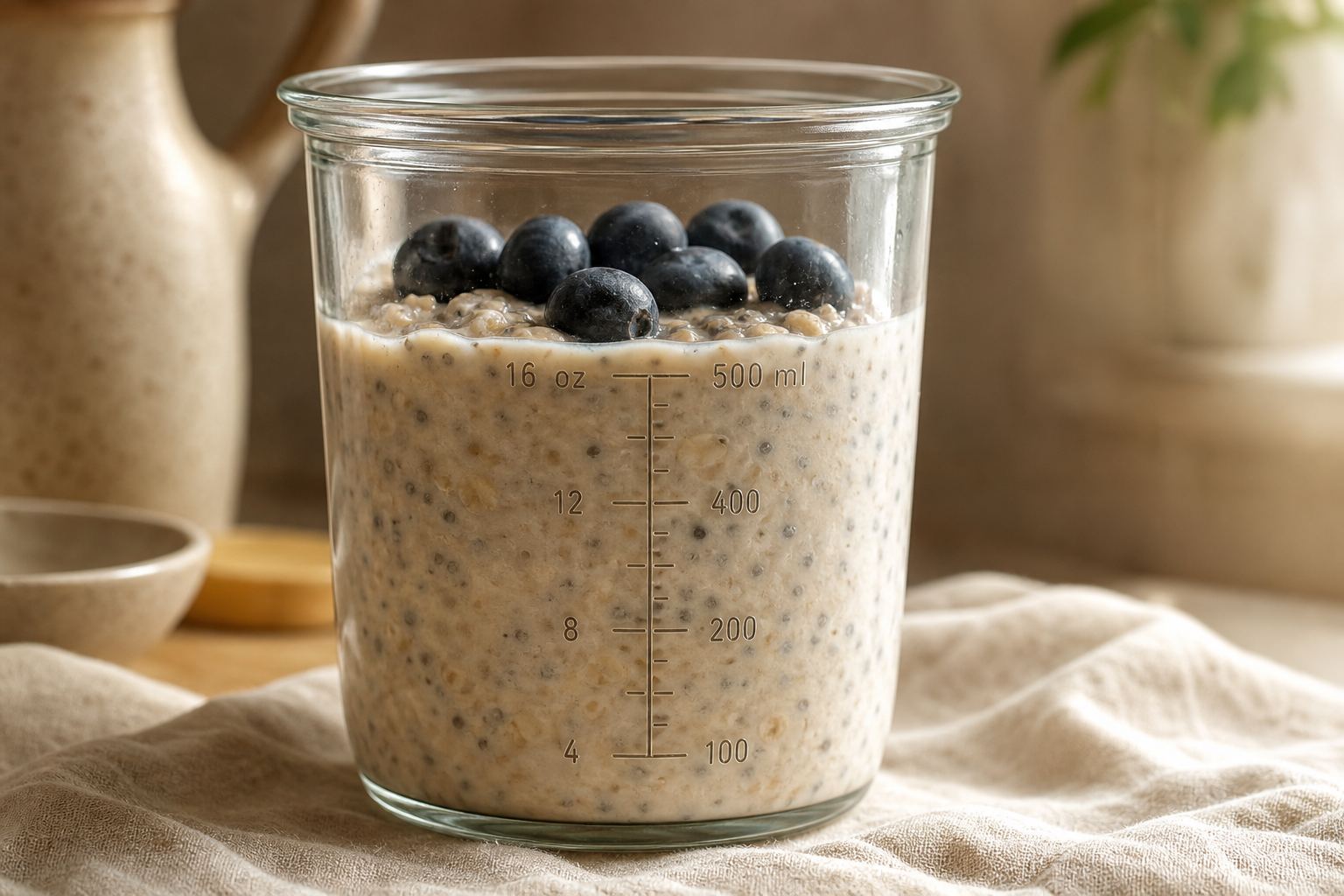Close-up of baked-in ounce marks on an OatOz jar filled with overnight oats